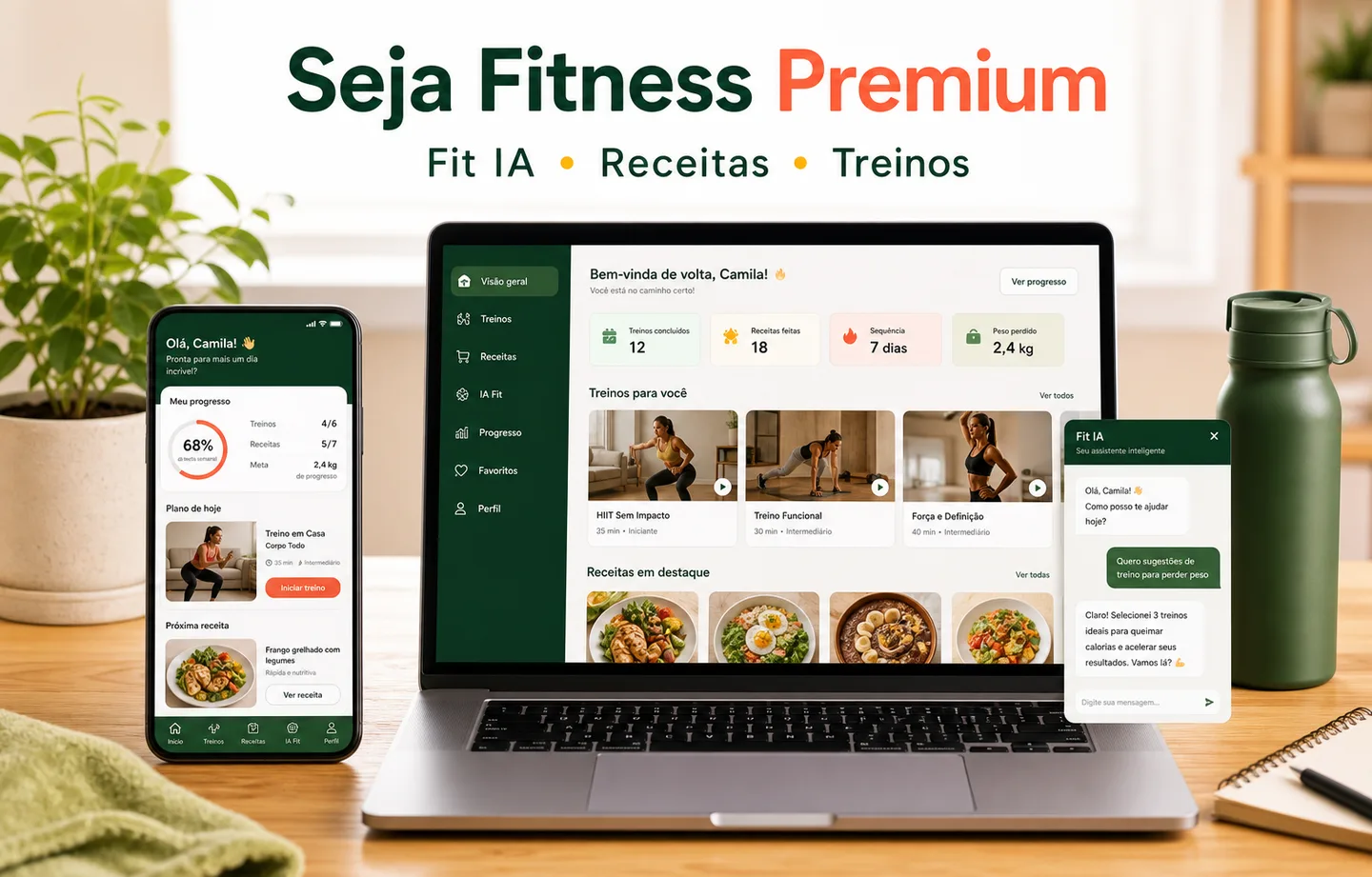 Imagem comercial do Seja Fitness Premium com notebook, celular e painel do produto