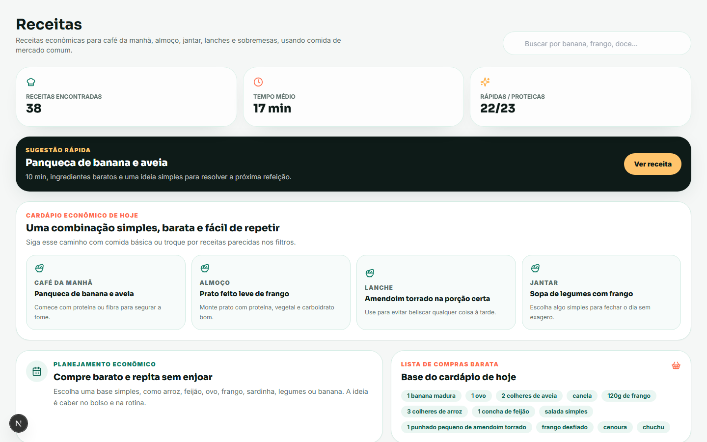 Print da tela de Receitas econômicas do Seja Fitness